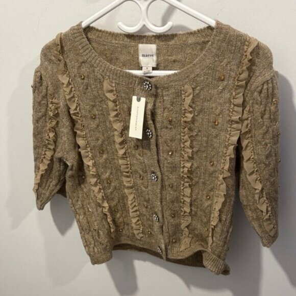 Maeve Embellished Tan Ruffle Button Cardigan - Picture 4 of 8